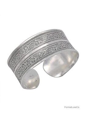 Tibetan Silver Carved Spiral Flower Cuff Bracelet Ethnic Wide Open Bangle